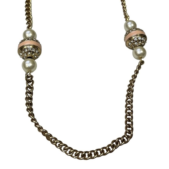 J Crew Gold Chain Necklace Pearls Pink Rhinestones - Picture 1 of 5